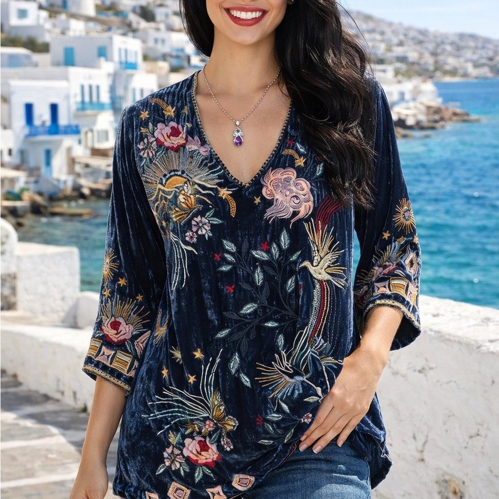Johnny Was heavily embroidered Selah Velvet Kimono Sleeve Top In Jasper NWT RARE - Picture 8 of 16